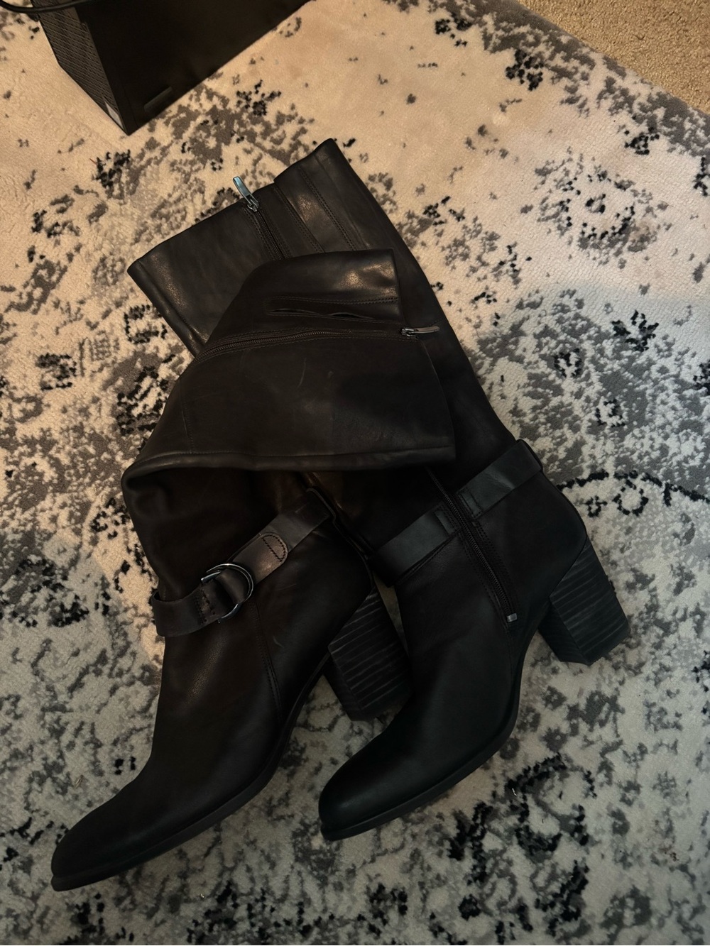 Ecco Black Leather Mid-Calf Heeled Boots with Buckle Detail